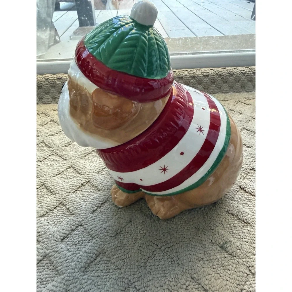 SLEIGHBELL BISTRO Christmas Santa Pug Bulldog Ceramic Cookie Jar